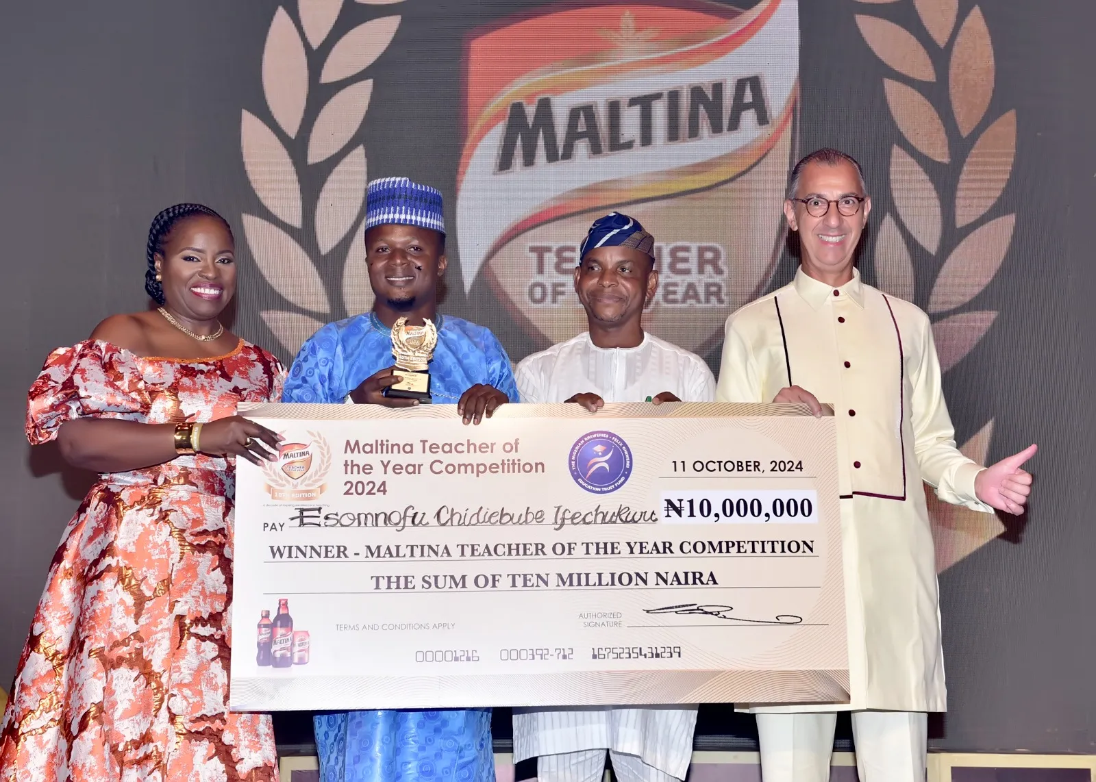 Esomnofu Ifechukwu wins the 2024 Maltina Teacher of the Year, Receives a N10 million Grand Prize