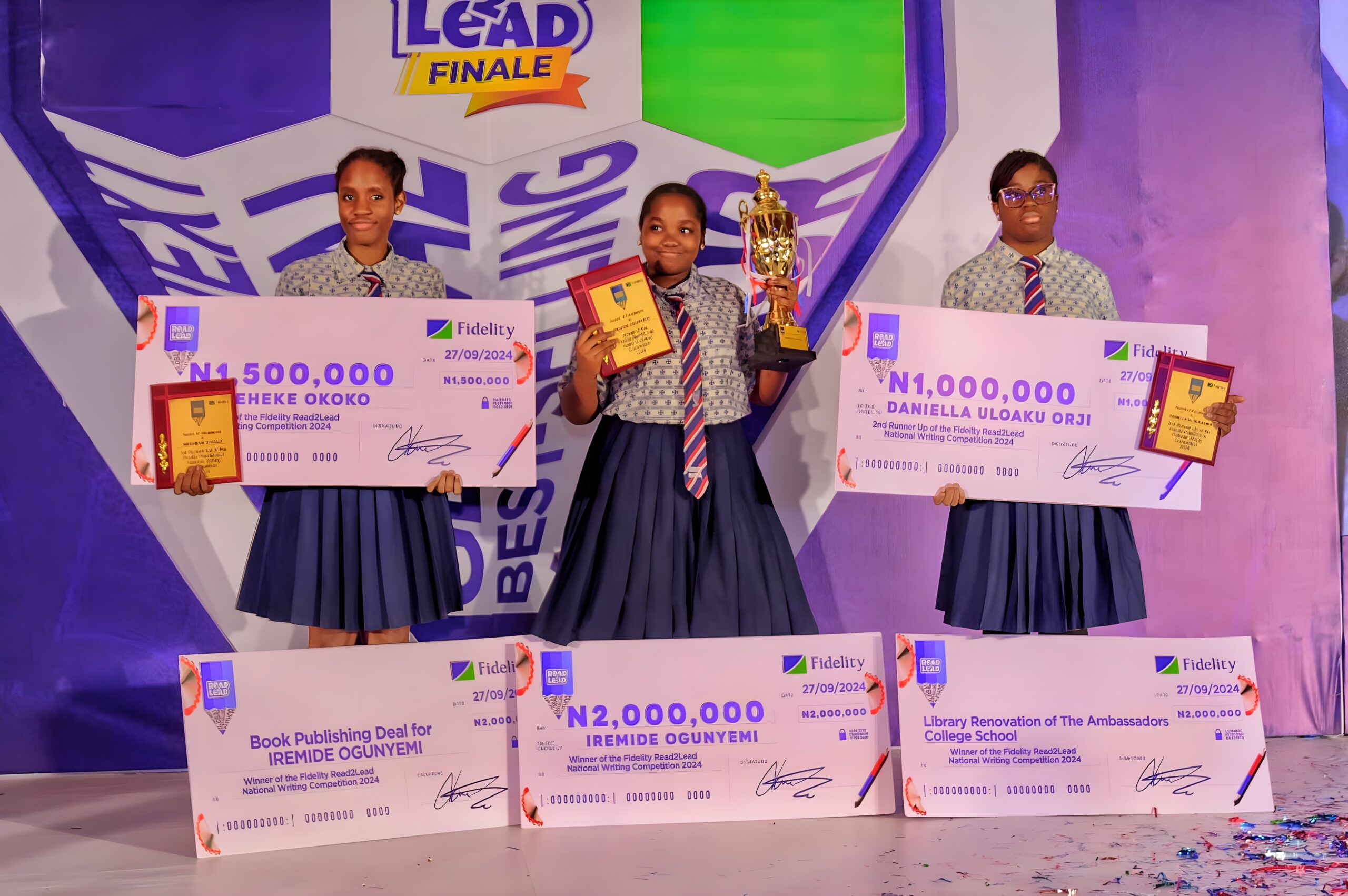 Students of the Ambassadors College, Ota, win First, Second, and Third Positions in the 2024 Fidelity Bank Read2Lead Competition